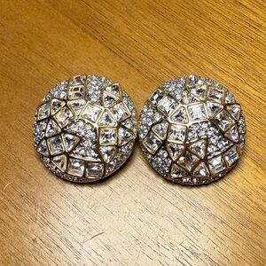 Gold and faux diamond Round Statement Earrings. Clip ons